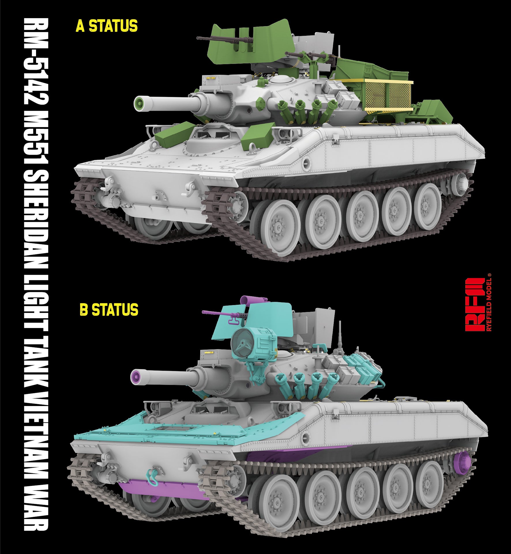 Detalle de las dos configuraciones posibles de la maqueta del carro norteamericano M551 Sheridan durante la Guerra de Vietnam en escala 1:35 del fabricante RFM y referencia 5142
