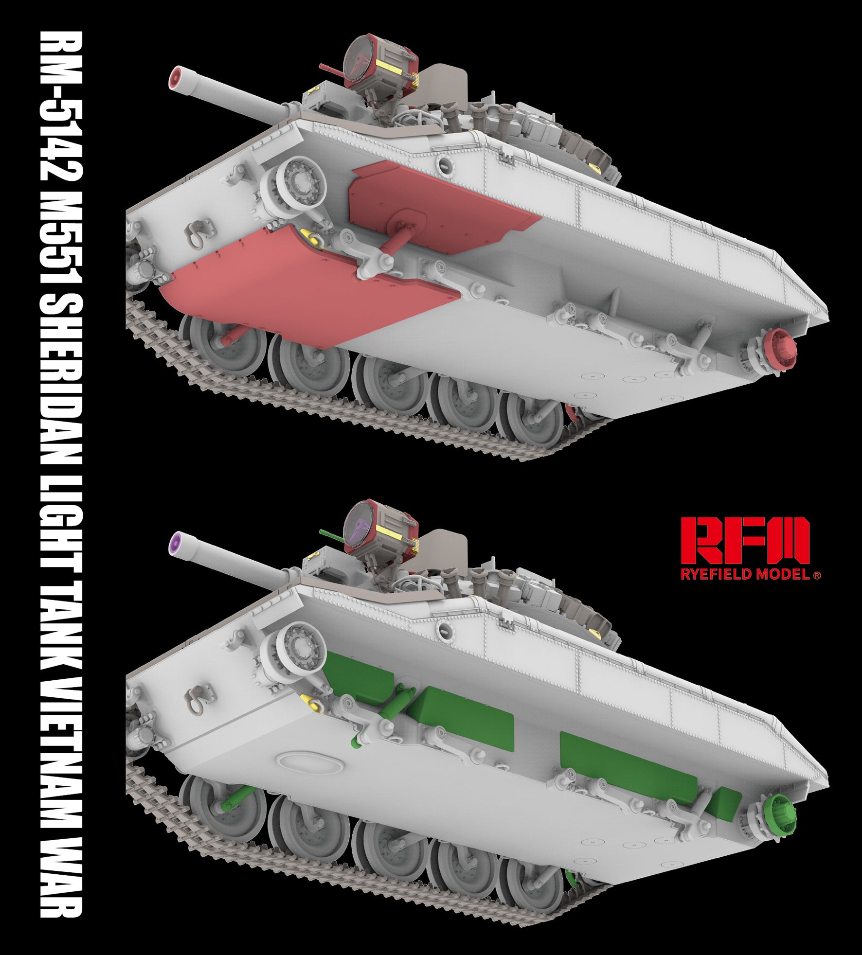 Vista inferior de la maqueta del carro norteamericano M551 Sheridan durante la Guerra de Vietnam en escala 1:35 del fabricante RFM y referencia 5142