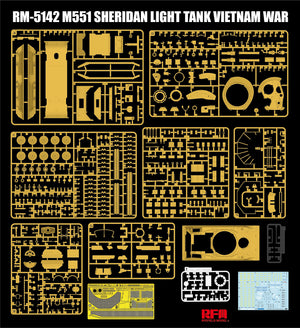 Detalle de los componentes de la maqueta del carro norteamericano M551 Sheridan durante la Guerra de Vietnam en escala 1:35 del fabricante RFM y referencia 5142
