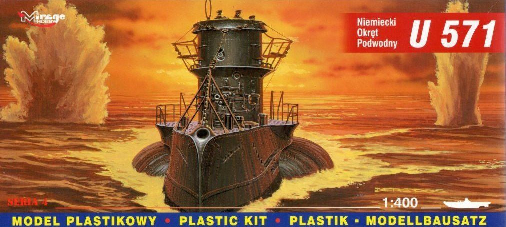 Portada de la caja de la maqueta del submarino alemán U-571 en escala 1:400 de Mirage Hobby referencia 40049