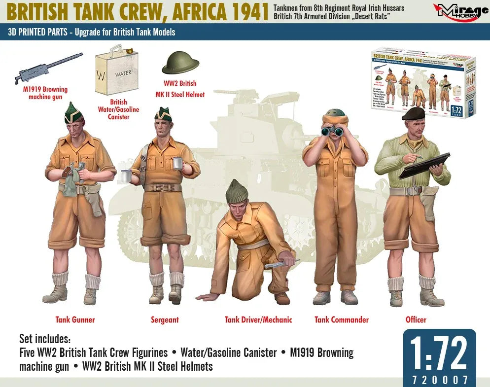 MIRAGE HOBBY (1/72) British Tank Crew, Africa 1941 - The 8th King's Royal Irish Hussars, 7th Armoured Division "Desert Rats"