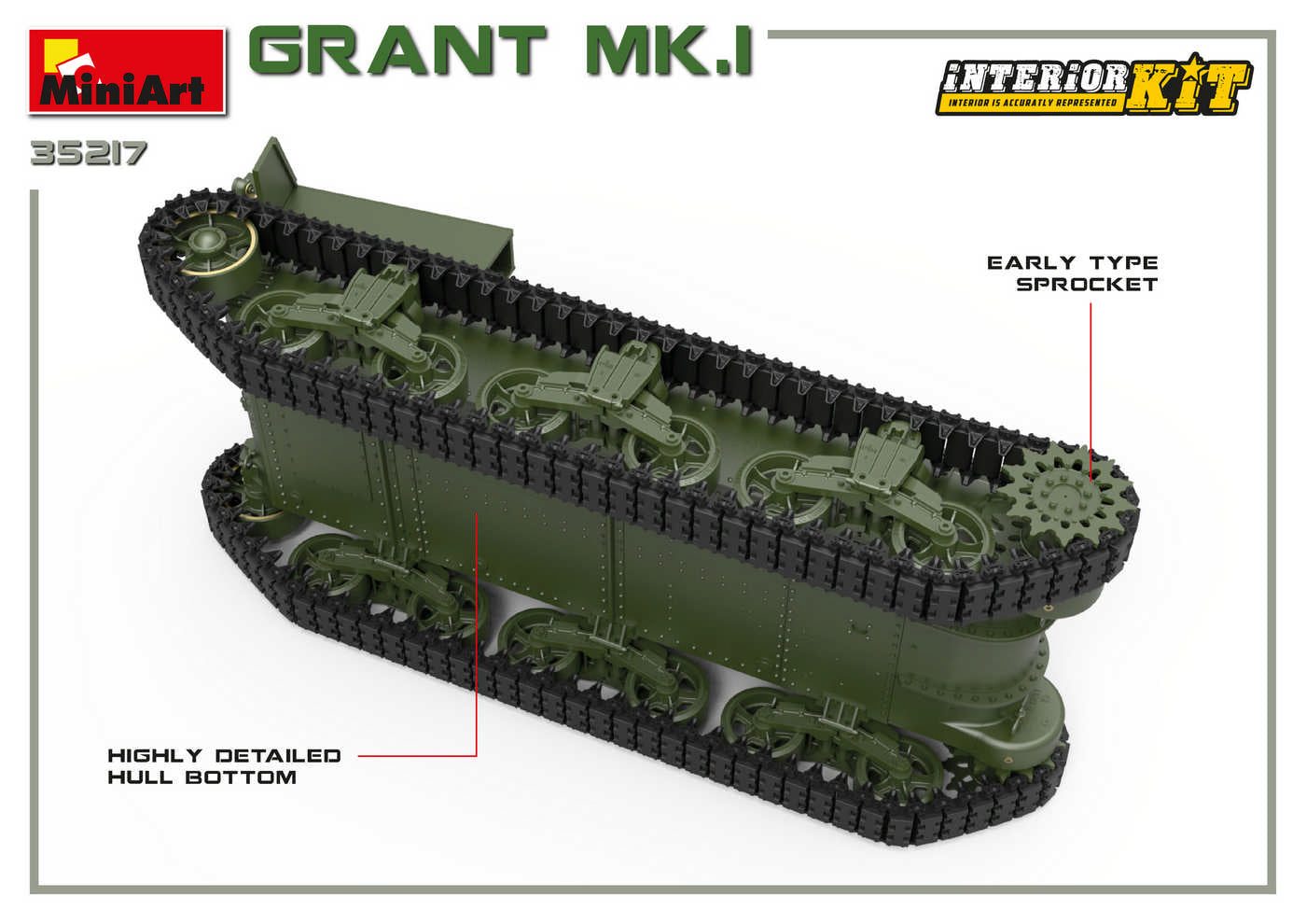 Detalle de bajos de la maqueta del tanque británico Grant Mk.I en escala 1:35 de Miniart referencia 35217