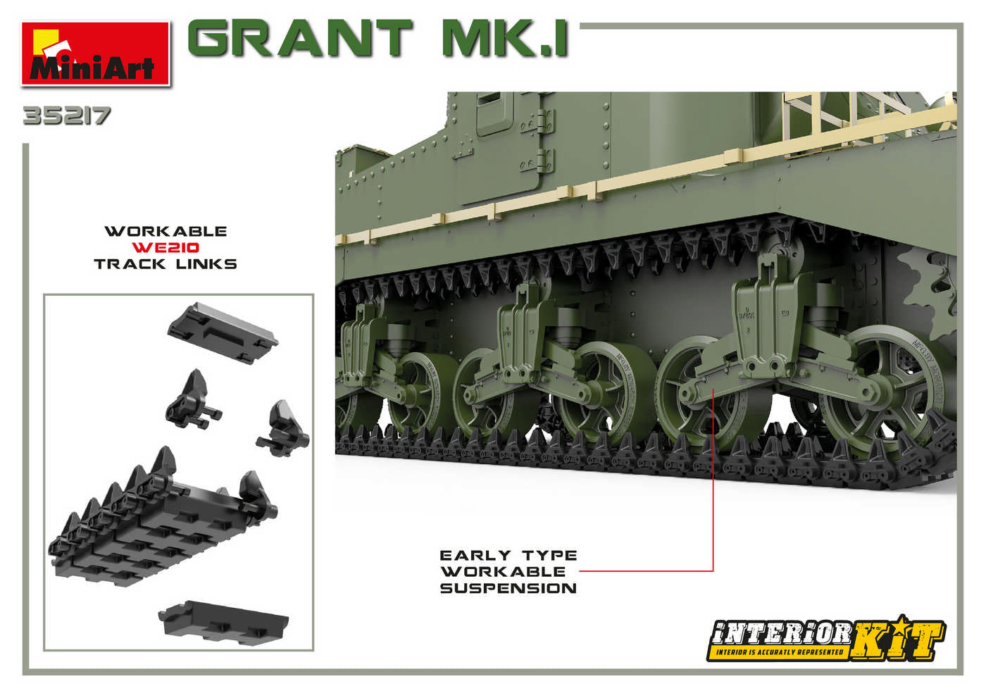 Detalle de cadenas y suspensión de la maqueta del tanque británico Grant Mk.I en escala 1:35 de Miniart referencia 35217