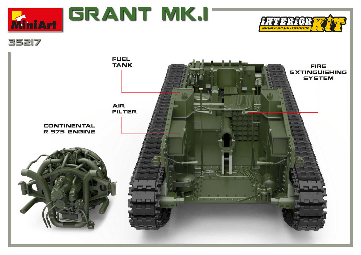 Detalle de transmisión de la maqueta del tanque británico Grant Mk.I en escala 1:35 de Miniart referencia 35217