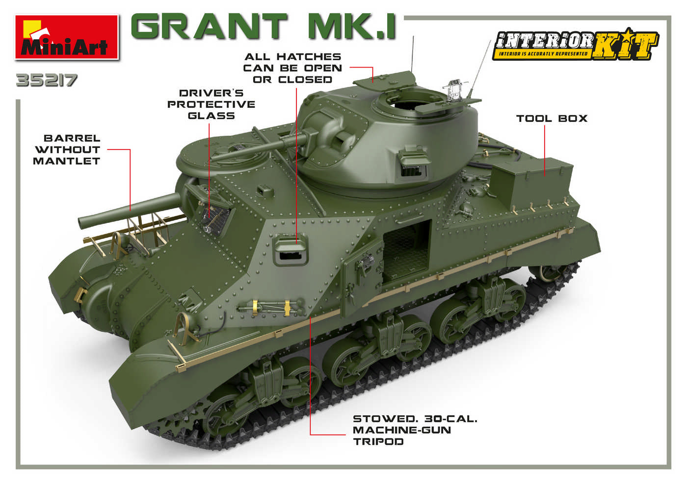 Frontal izquierda de la maqueta del tanque británico Grant Mk.I en escala 1:35 de Miniart referencia 35217