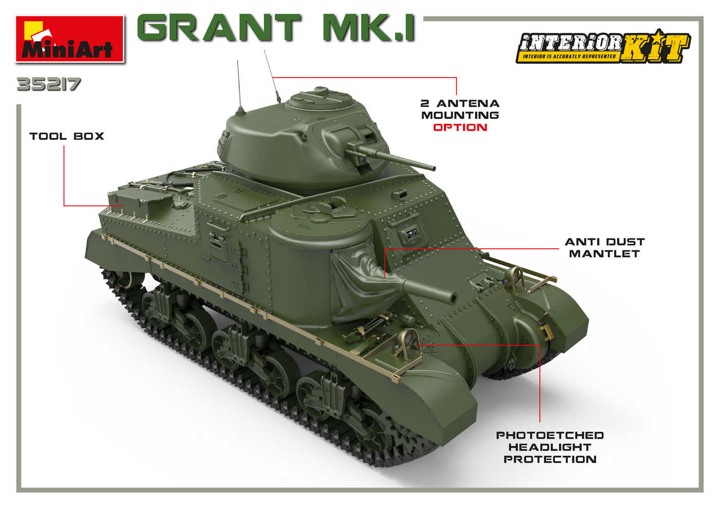 Frontal derecho de la maqueta del tanque británico Grant Mk.I en escala 1:35 de Miniart referencia 35217