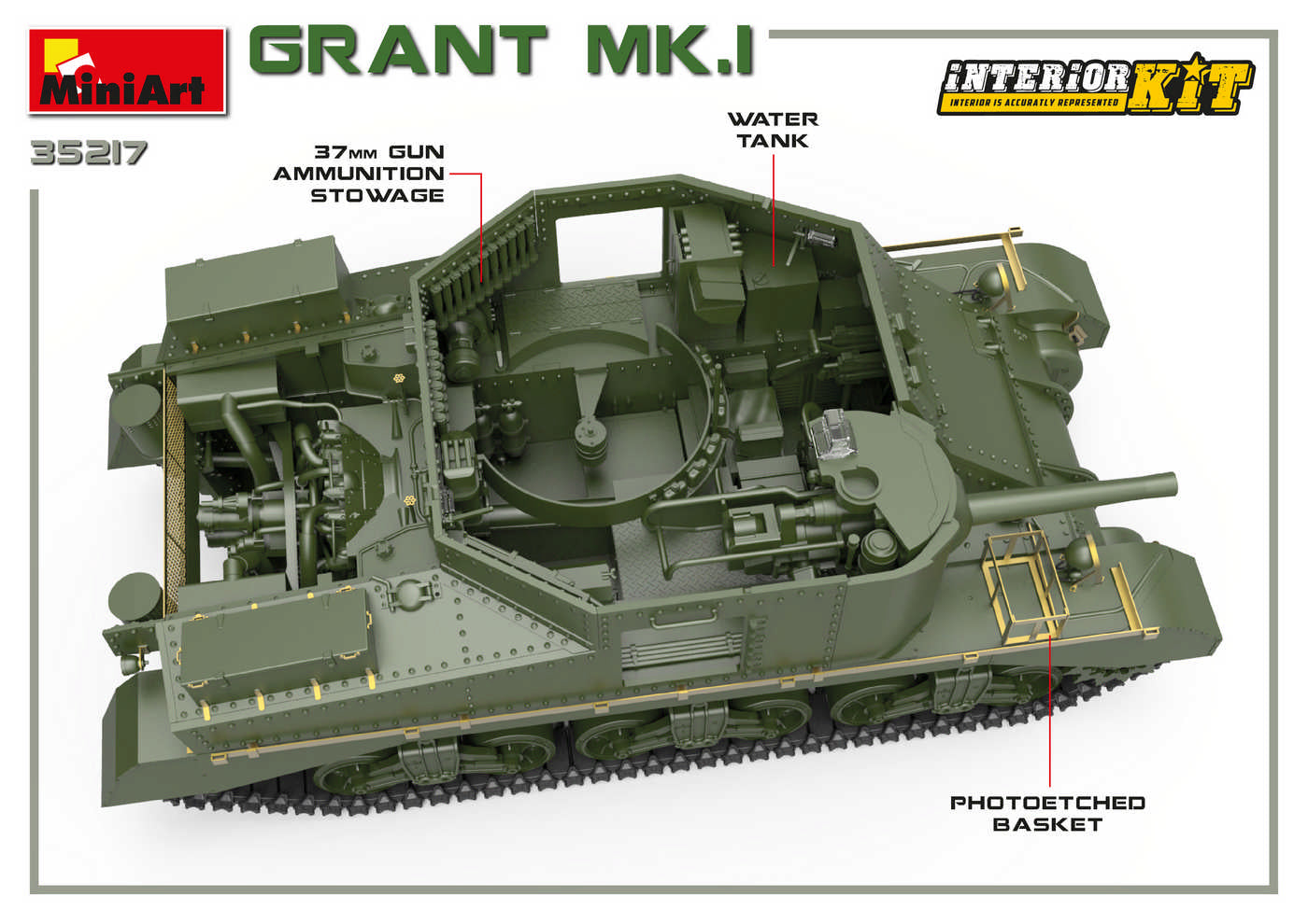 Interior completo de la maqueta del tanque británico Grant Mk.I en escala 1:35 de Miniart referencia 35217