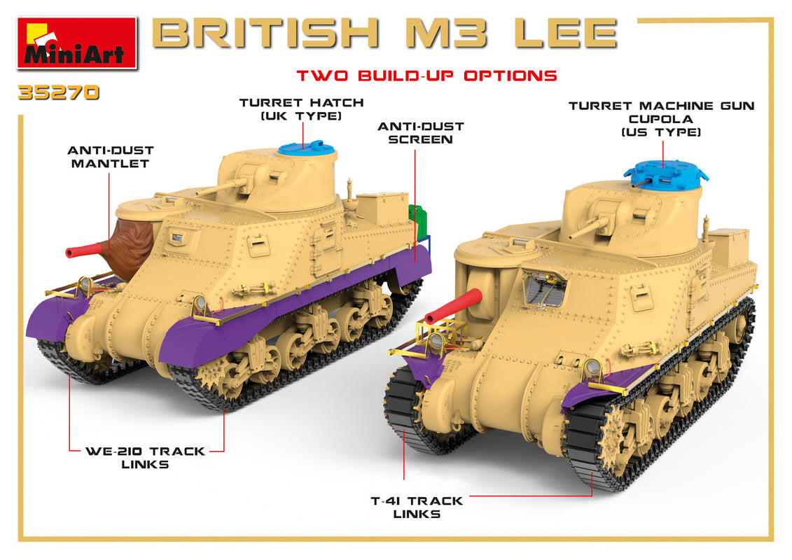 Opciones de montaje, foto frontal de la maqueta del carro británico M3 Lee en escala 1:35 de Miniart referencia 35270