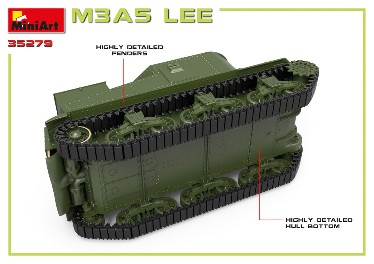 Detalles bajos de la maqueta del tanque americano M3A5 Lee en escala 1:35 de Miniart referencia 35279