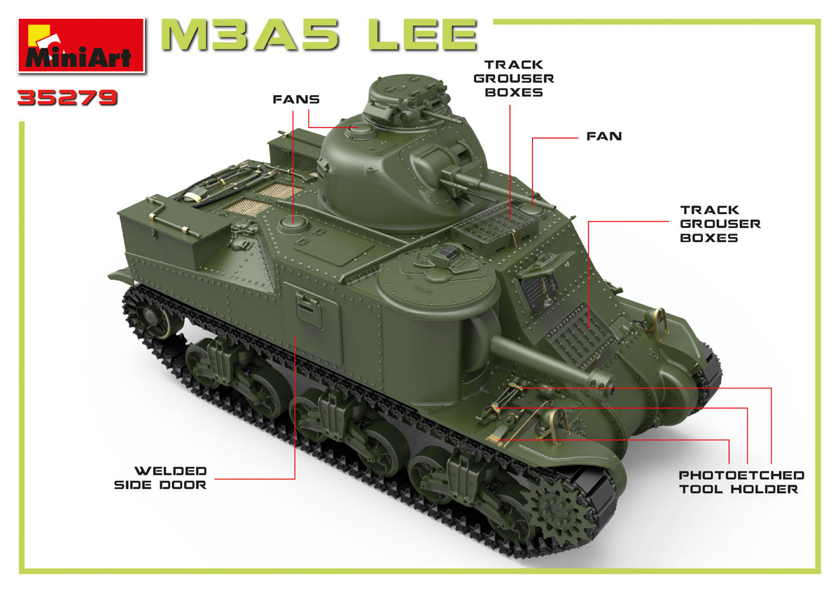 Detalles herramientas delanteras de la maqueta del tanque americano M3A5 Lee en escala 1:35 de Miniart referencia 35279