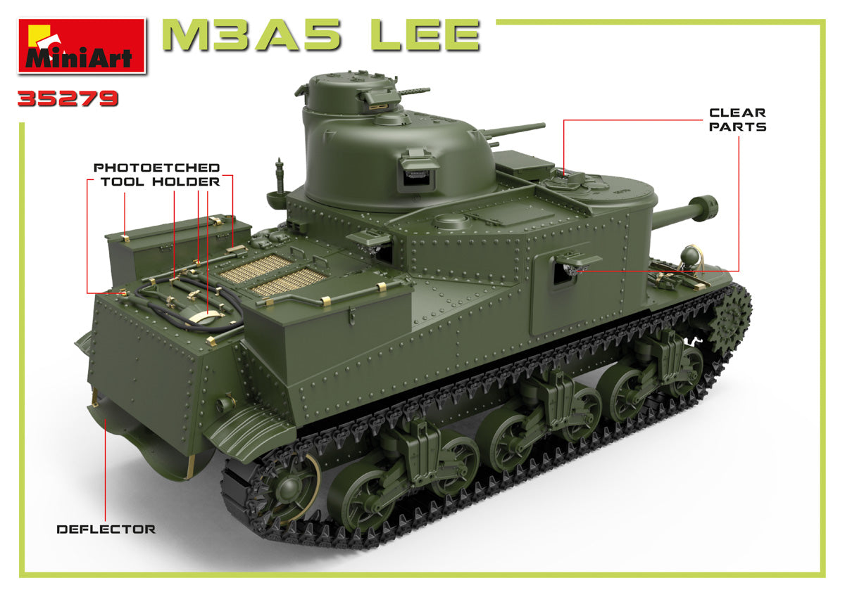 Detalles herramientas traseras de la maqueta del tanque americano M3A5 Lee en escala 1:35 de Miniart referencia 35279
