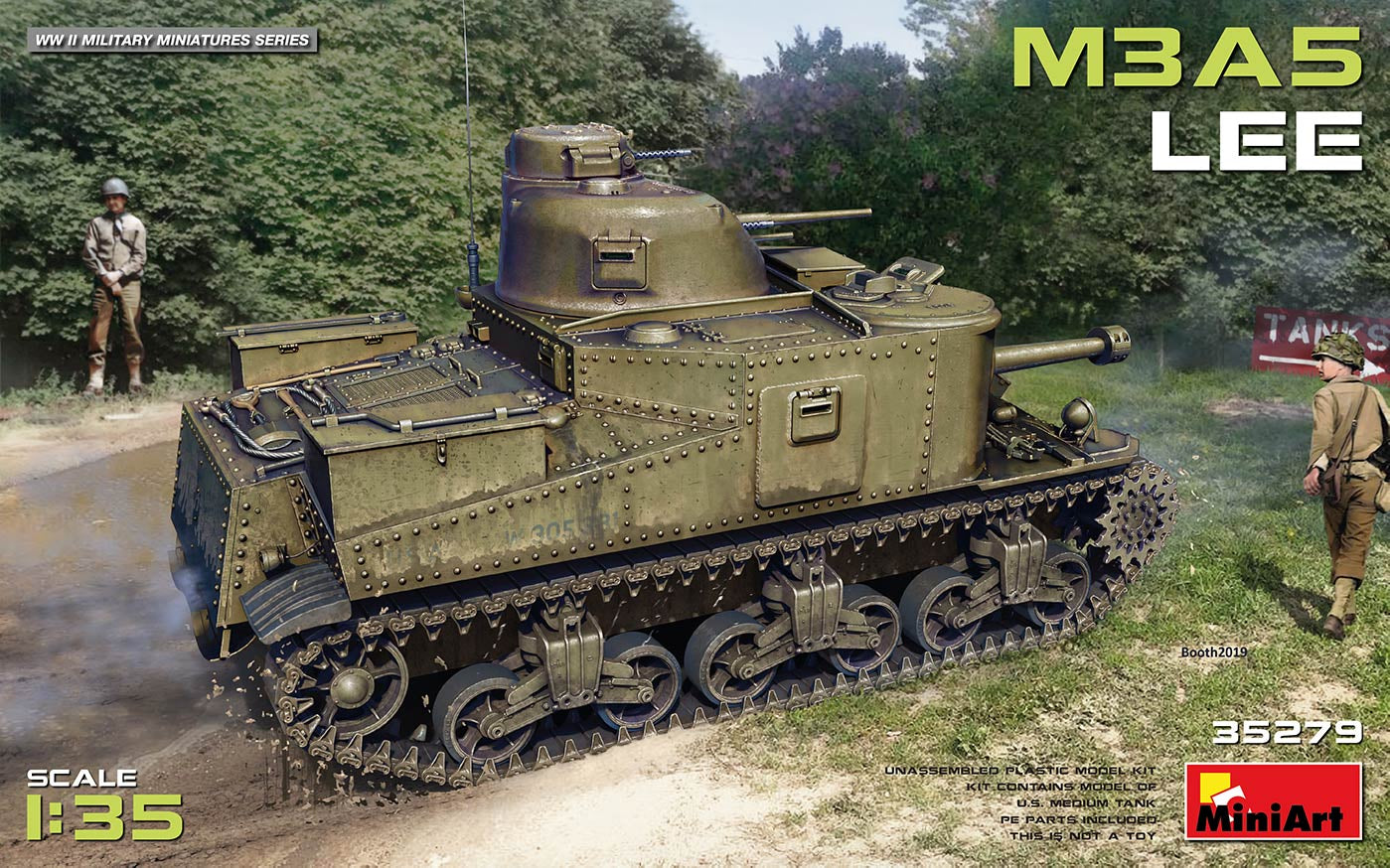 Portada de la caja de la maqueta del tanque americano M3A5 Lee en escala 1:35 de Miniart referencia 35279