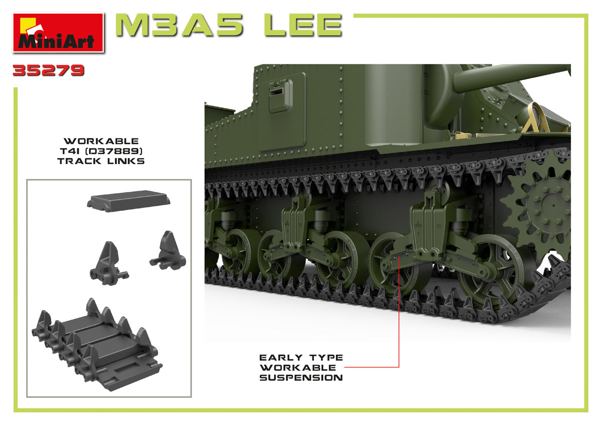 Detalles suspensión y cadenas de la maqueta del tanque americano M3A5 Lee en escala 1:35 de Miniart referencia 35279