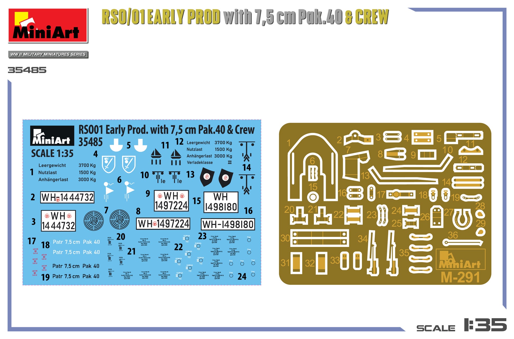 Fotograbados y calcas de la maqueta del vehículo de carga alemán RSO/01 Con cañón Pak 40 y soldados en escala 1:35 de Miniart referencia 35485