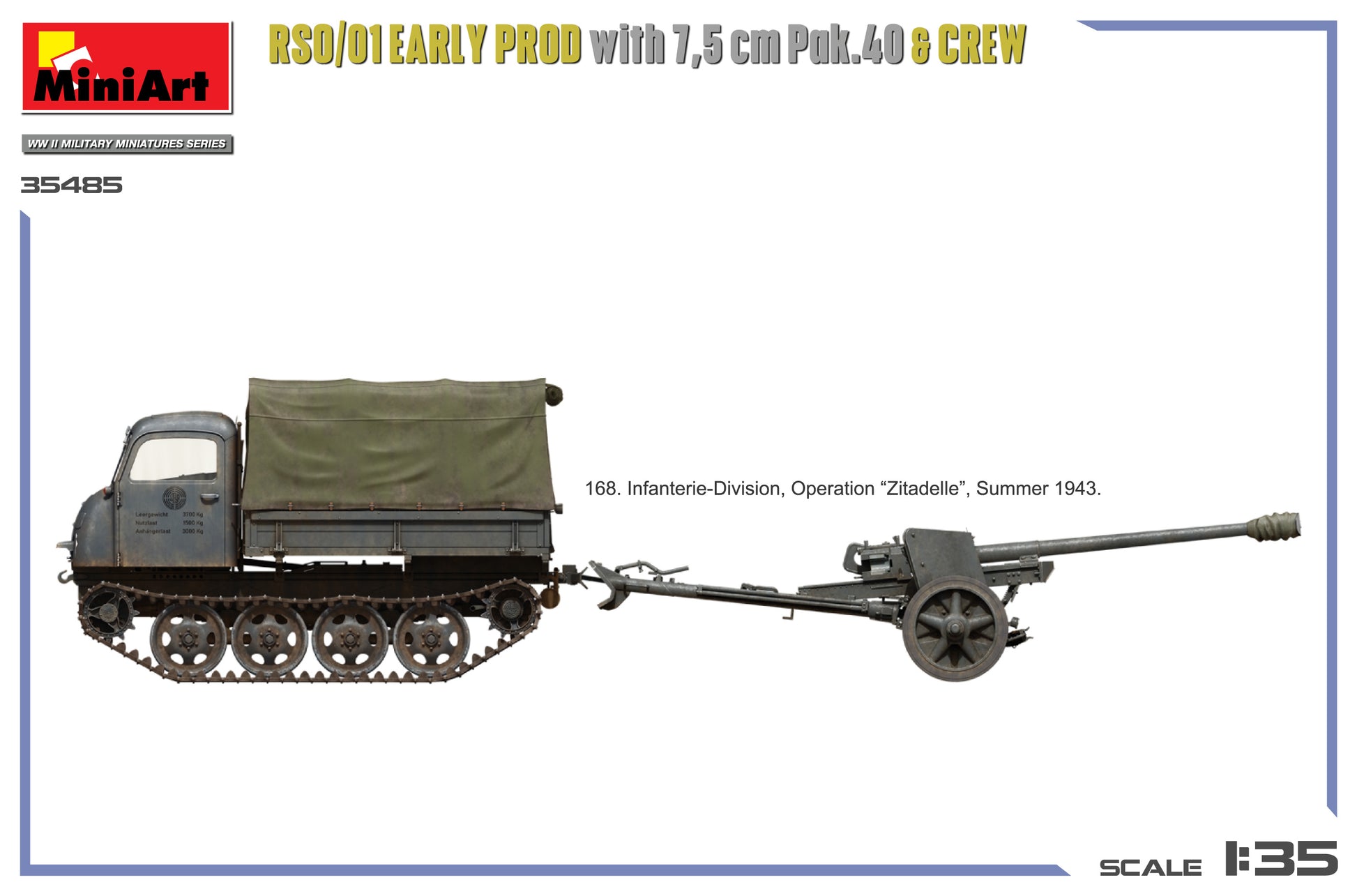 Decoración 1 de la maqueta del vehículo de carga alemán RSO/01 Con cañón Pak 40 y soldados en escala 1:35 de Miniart referencia 35485