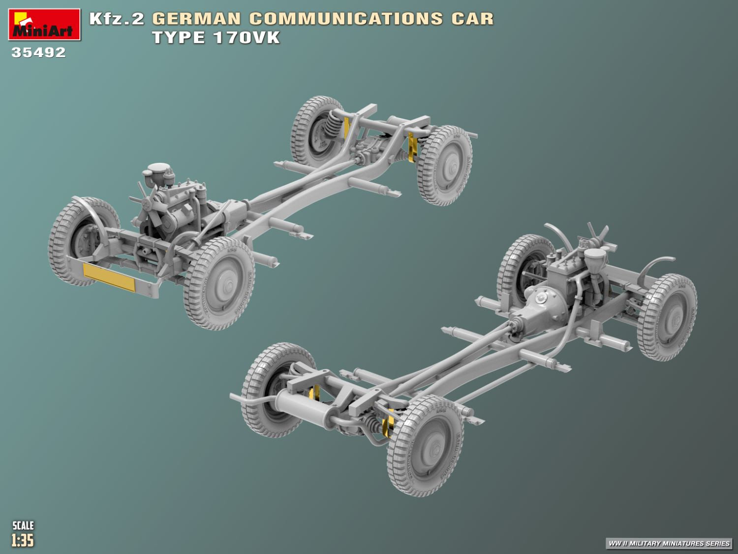 Diseño del bastidor y motor de la maqueta del coche de comunicaciones alemán Mercedes Type 170VK en escala 1:35 de Miniart referencia 35492