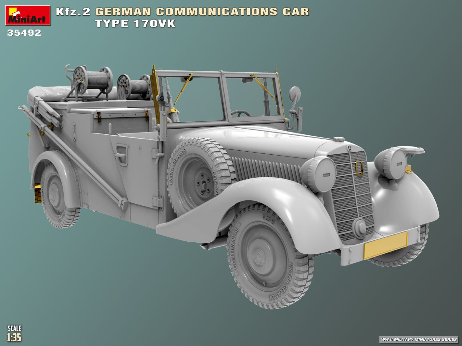 Diseño frontal derecho de la maqueta del coche de comunicaciones alemán Mercedes Type 170VK en escala 1:35 de Miniart referencia 35492