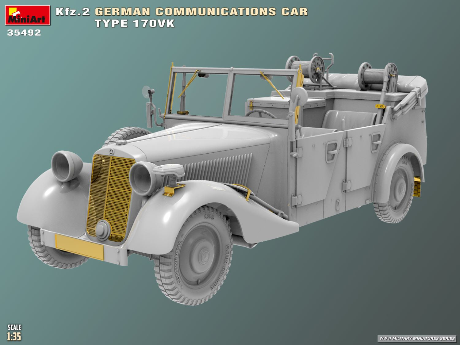 Diseño frontal izquierdo de la maqueta del coche de comunicaciones alemán Mercedes Type 170VK en escala 1:35 de Miniart referencia 35492