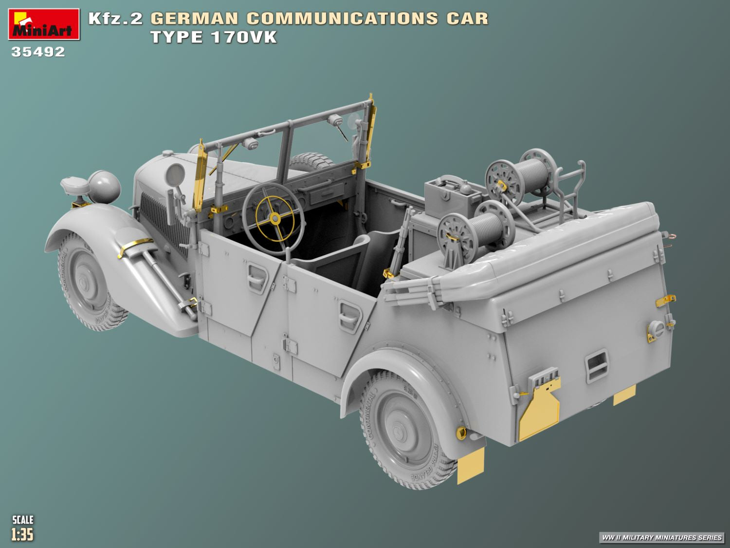Diseño trasero izquierdo de la maqueta del coche de comunicaciones alemán Mercedes Type 170VK en escala 1:35 de Miniart referencia 35492