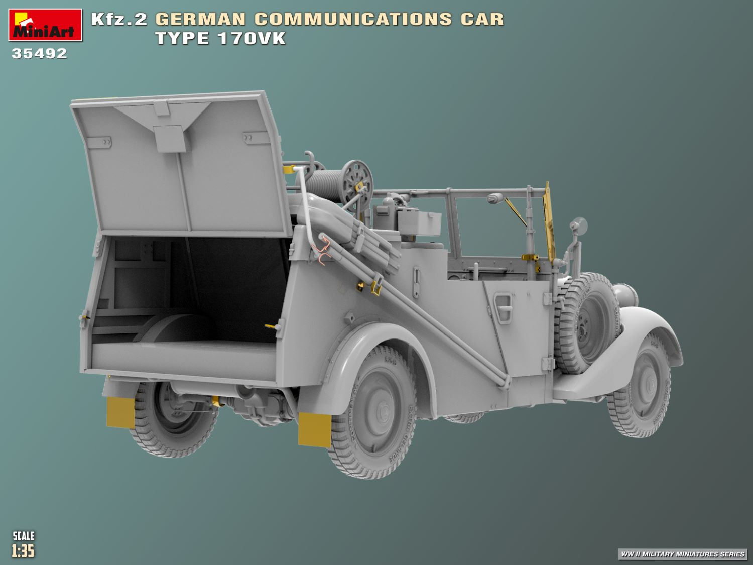 Diseño trasero derecho de la maqueta del coche de comunicaciones alemán Mercedes Type 170VK en escala 1:35 de Miniart referencia 35492