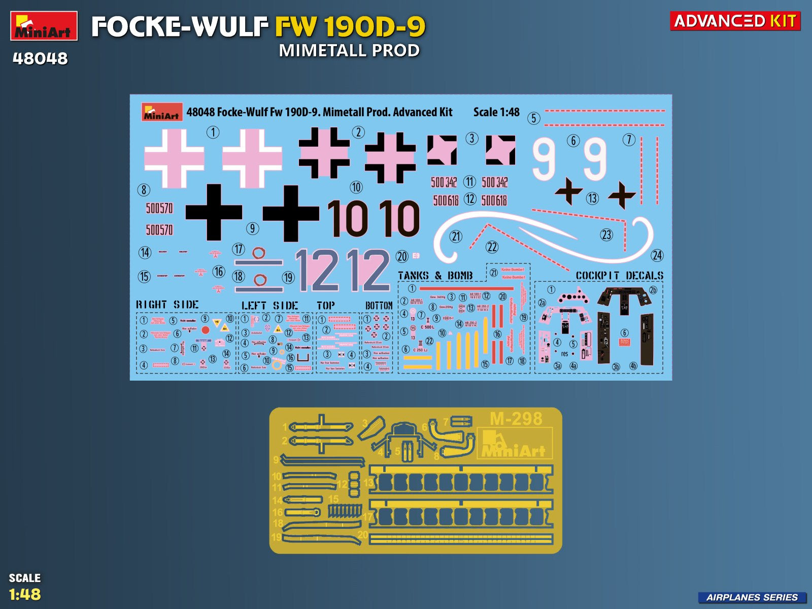 Calcas y fotograbados de la maqueta del caza alemán Fw-190 D9 en escala 1:48 de Miniart referencia 48040