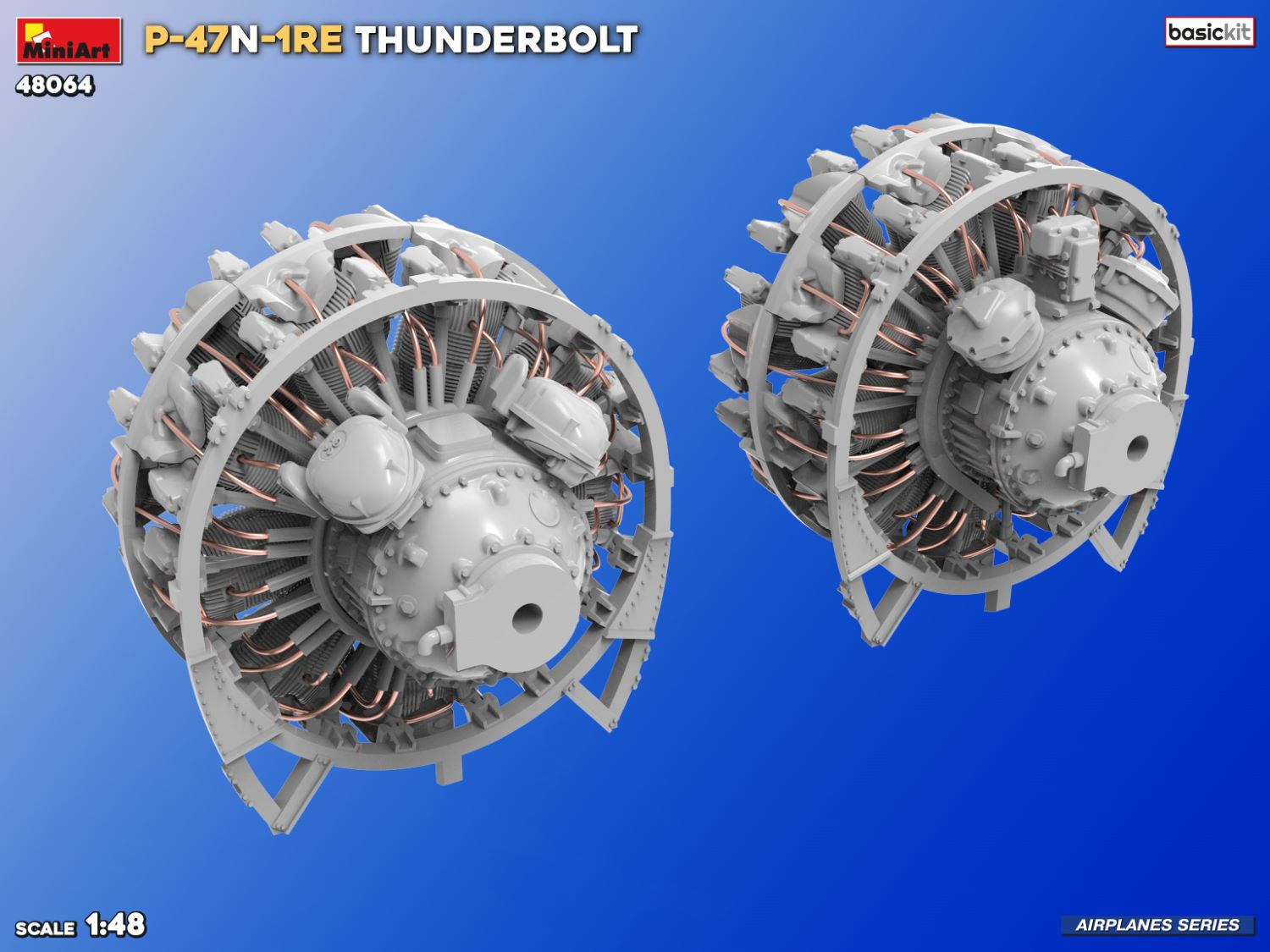 Detalle del motor de la maqueta del caza P-47N-1RE Thunderbolt en escala 1:48 de Miniart referencia 48064