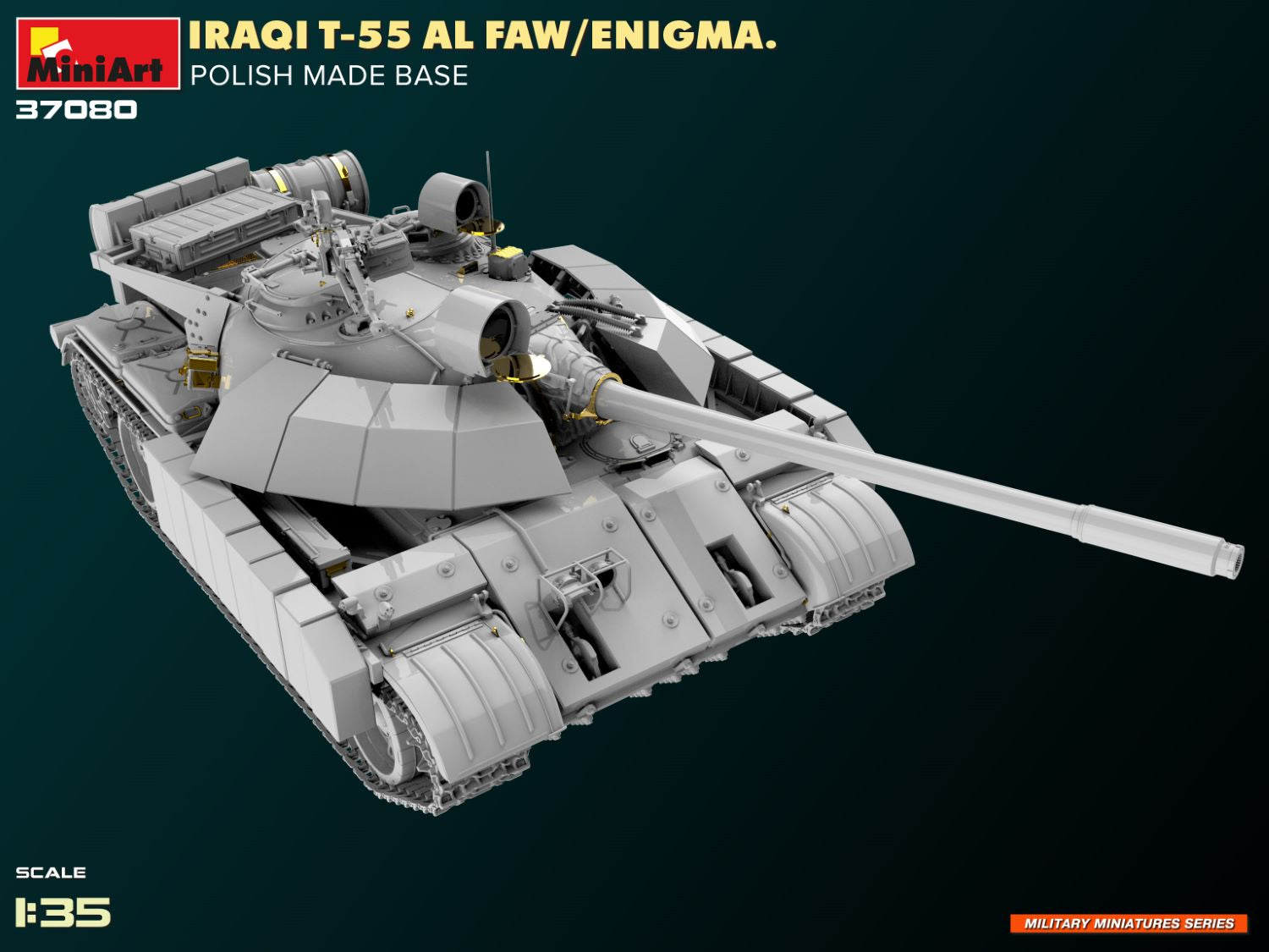 Foto lateral derecha del tanque irakí T-55 Al Faw Enigma con base polaca en escala 1:35 de Miniart referencia 37080