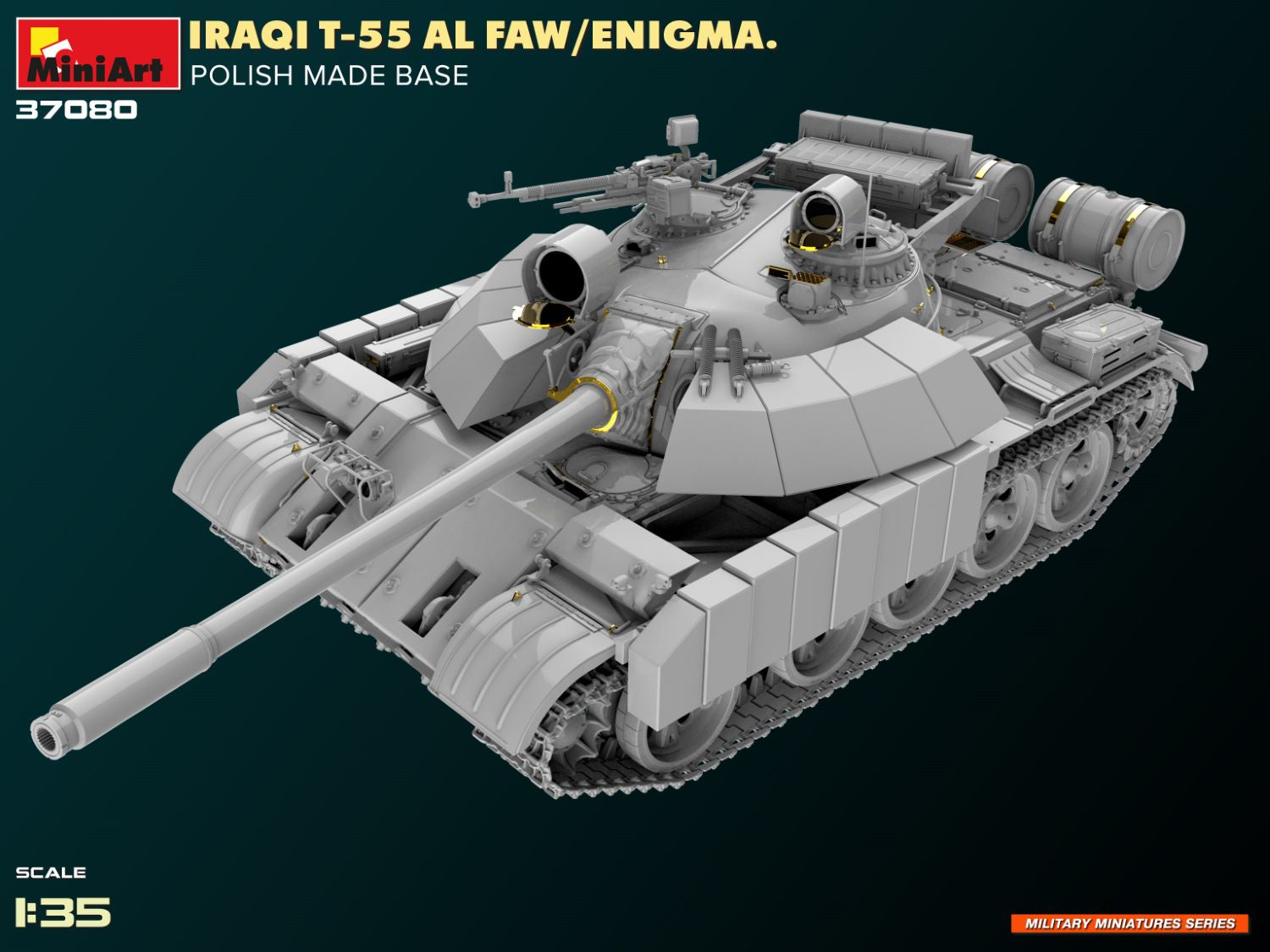 Foto lateral izquierda del tanque irakí T-55 Al Faw Enigma con base polaca en escala 1:35 de Miniart referencia 37080