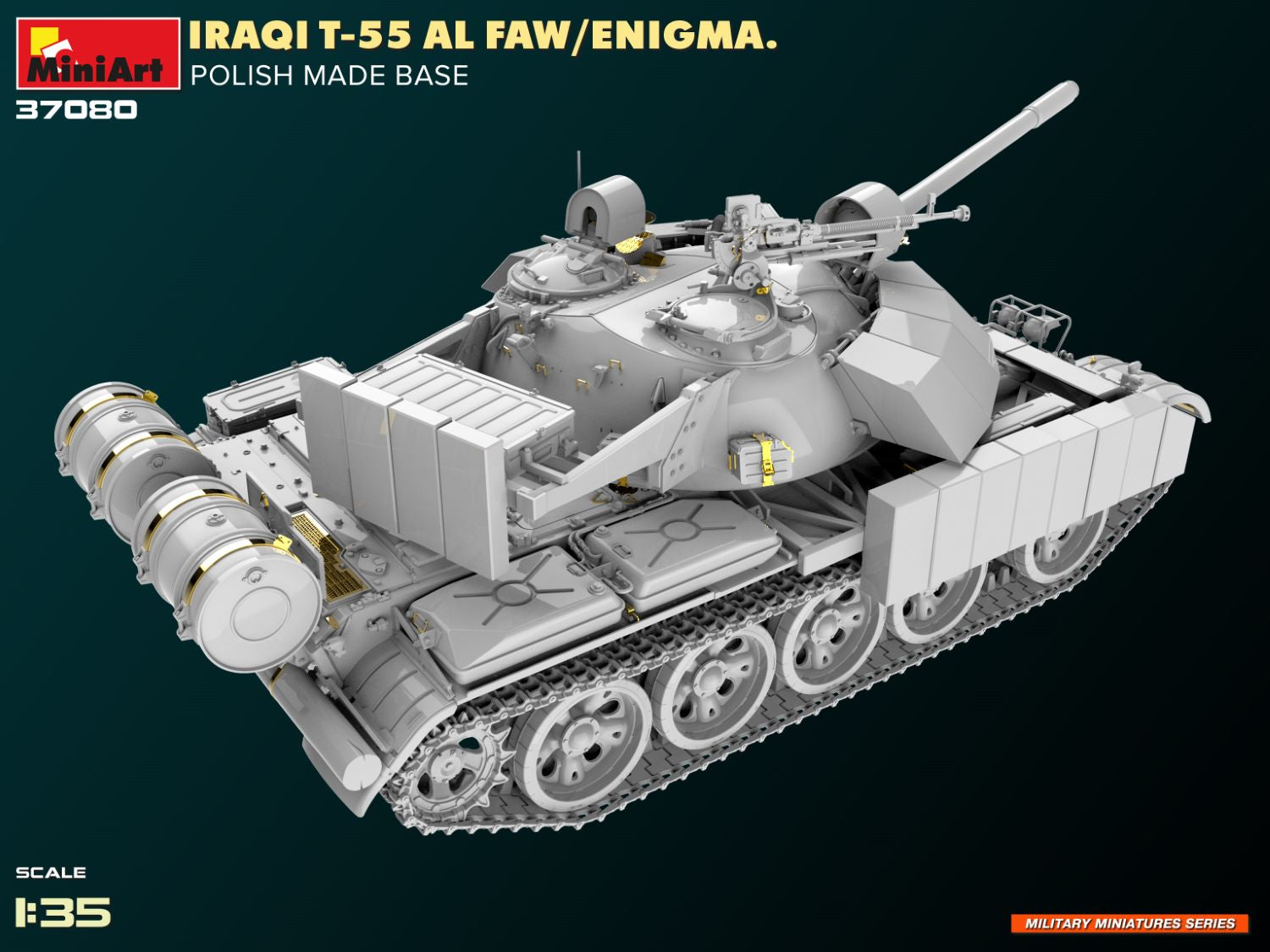Foto trasera derecha del tanque irakí T-55 Al Faw Enigma con base polaca en escala 1:35 de Miniart referencia 37080