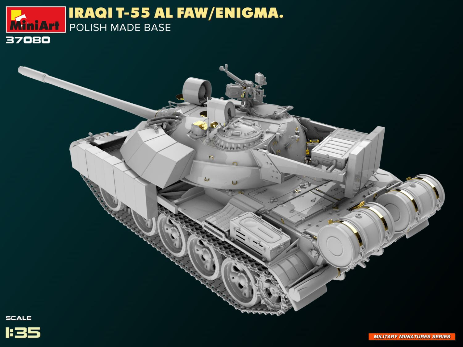 Foto trasera izquierda del tanque irakí T-55 Al Faw Enigma con base polaca en escala 1:35 de Miniart referencia 37080