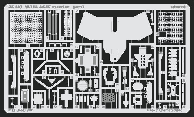 Plancha 1 del set de mejora de fotograbado para el exterior del M-113 ACAV de Tamiya en escala 1:35, fabricado por Eduard referencia 35401