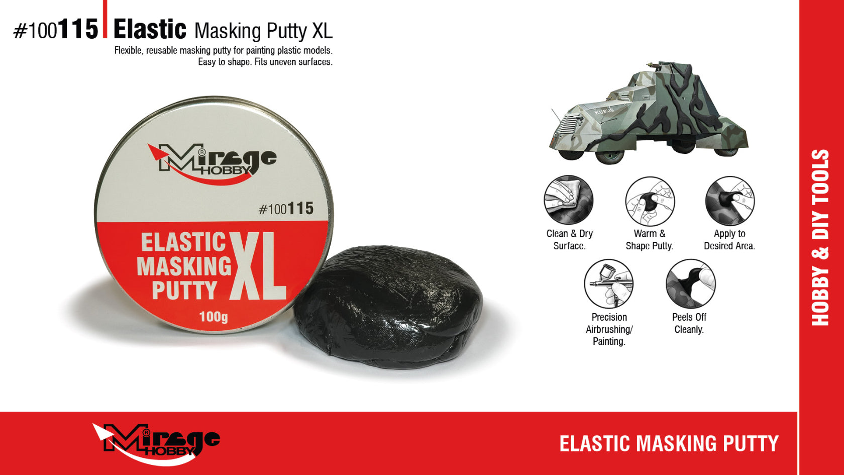 Especificaciones de la masilla elástica para enmascarar en bote de 100 gramos del fabricante Mirage Hobby referencia 100115