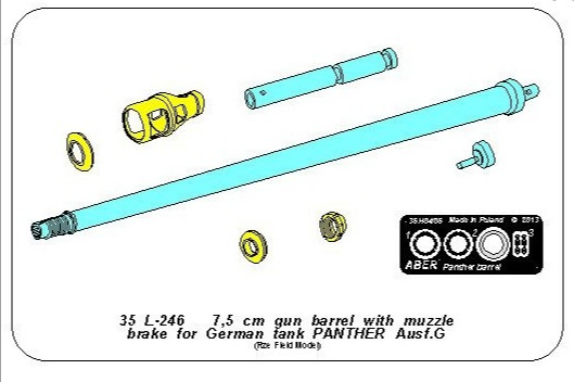 Piezas del tubo de cañón de metal para maquetas de RFM del tanque alemán Panther en versión G en escala 1:35 de Aber con referencia 35L246