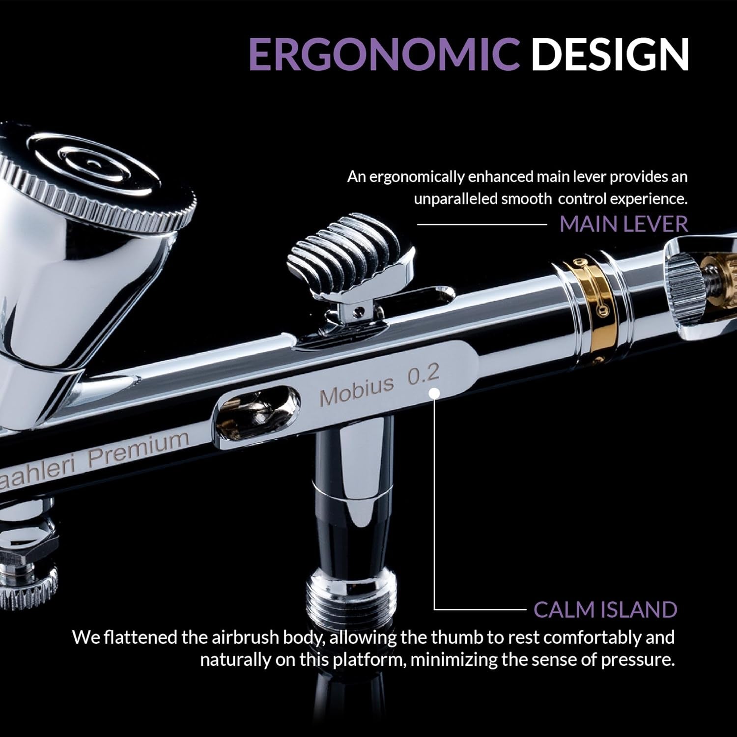 Detalle de la ergonomía del aerógrafo Gaahleri Mobius 0,2mm