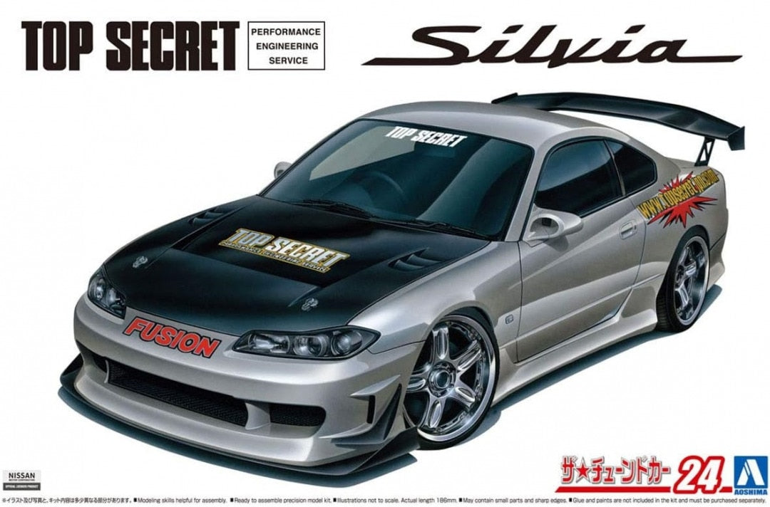 Caja de la maqueta del coche deportivo Nissan S15 Silvia de 1999 versión Topsecret en escala 1:24 de Aoshima referencia 5874