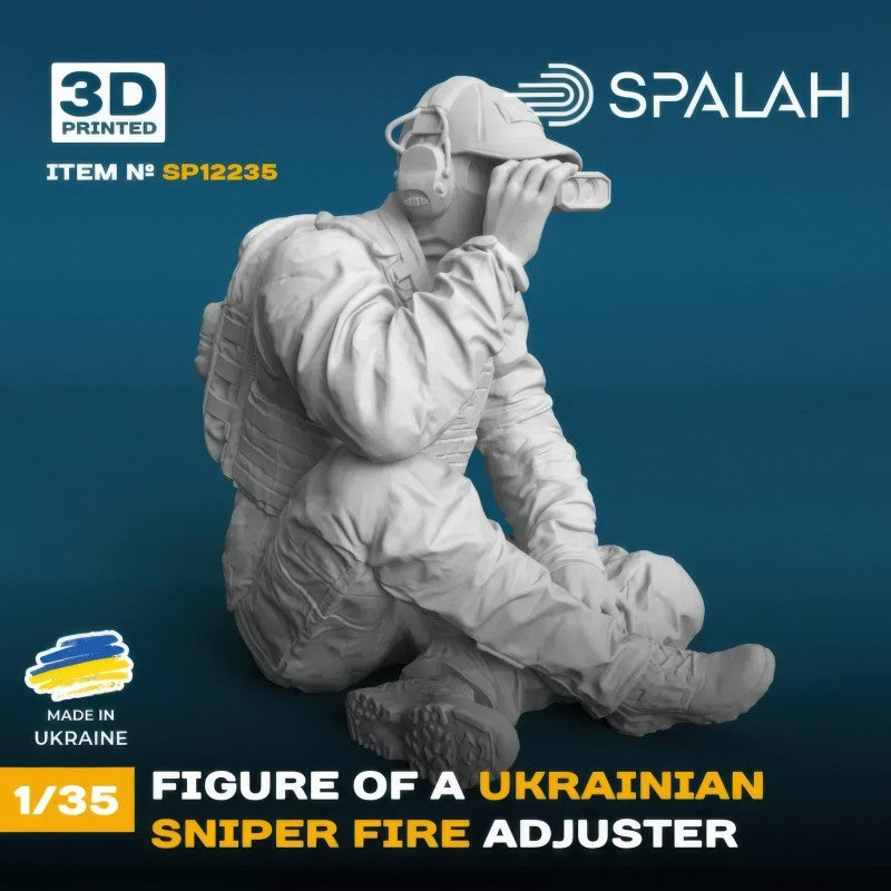 Vista frontal de la figura de impresión 3D del observador para francotirador ucraniano en escala 1:35 de Spalah referencia 12235