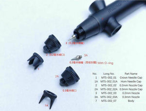 Componentes del aerógrafo Meng TS-002 entre los que se ecuentra el obturador de 0,3mm referencia MTS-002_03A 