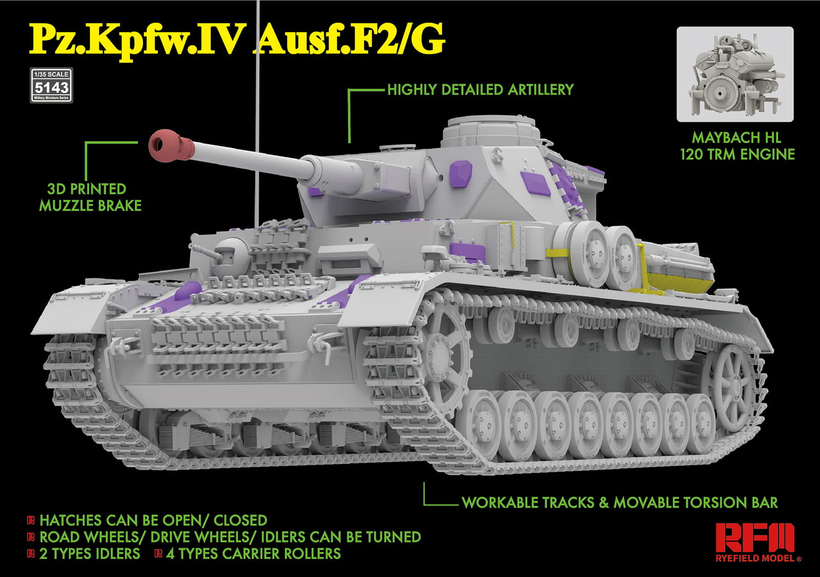 Vista completa de la maqueta del Panzer IV F2/G en escala 1:35 de Ryefield Model con referencia RFM5143