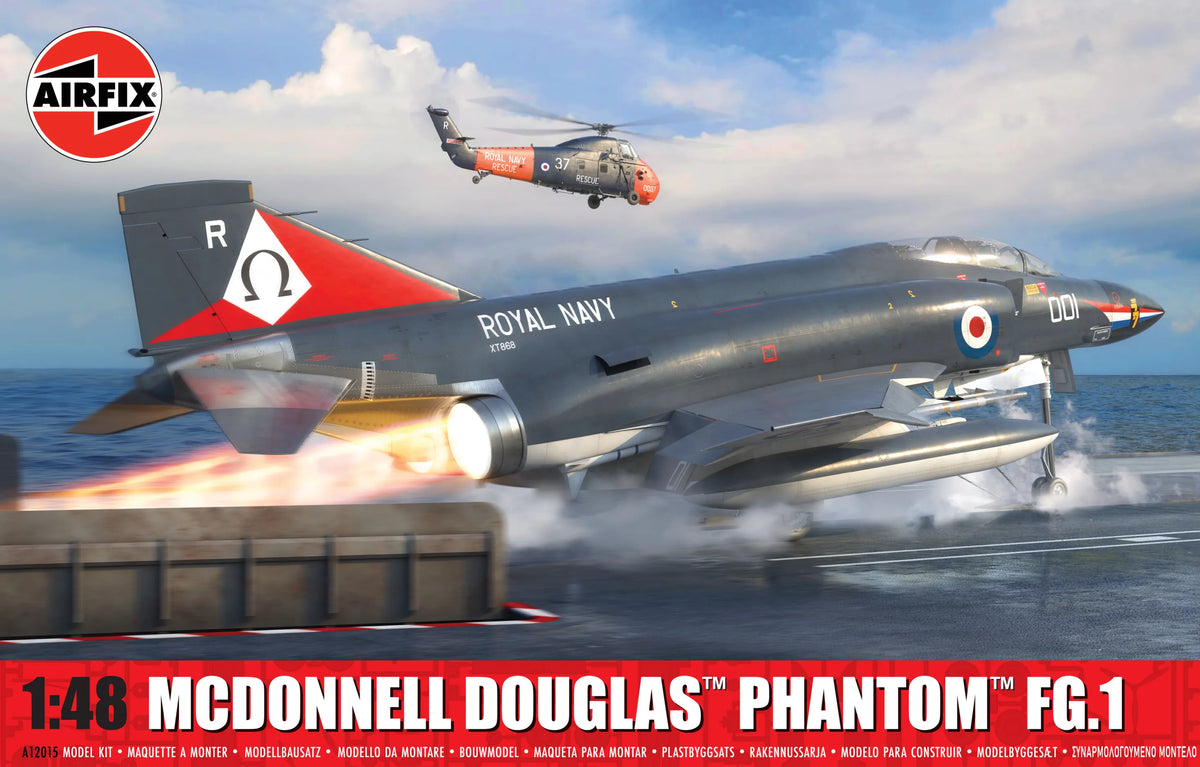 Portada de la caja de la maqueta del cazabombardero británico Phantom FG.1 en escala 1:48 de Airfix referencia A12015