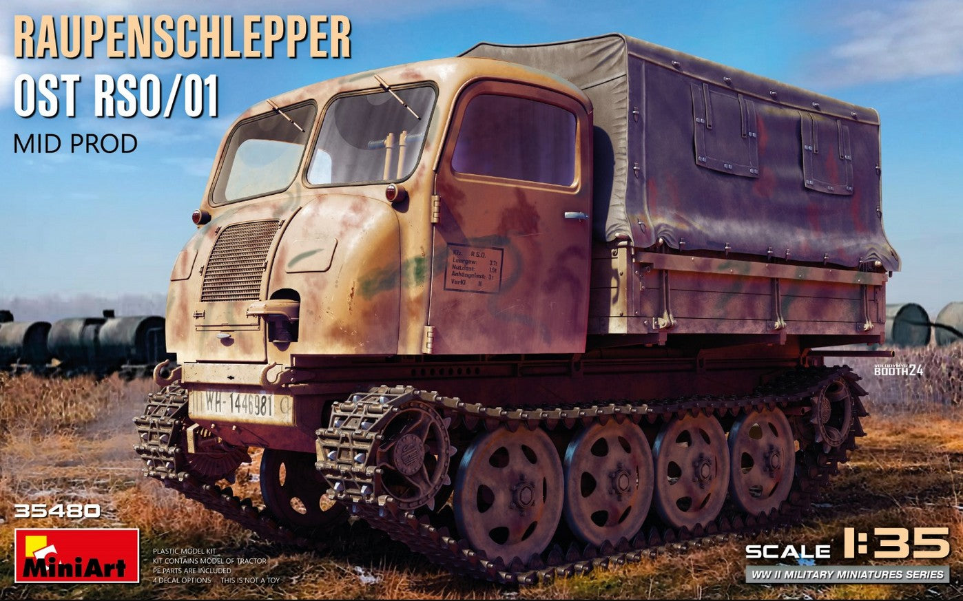 Portada de la maqueta del tractor Raupenschlepper OST ROS 01 Mid Production en escala 1:35 de Miniart referencia 35480