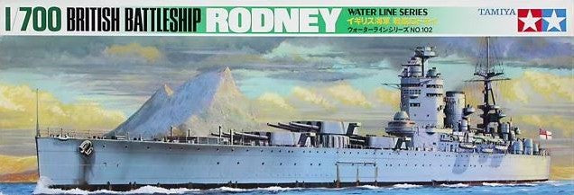 Portada de la maqueta del acorazado inglés Rodney en escala 1:700 de Tamiya con referencia 77502