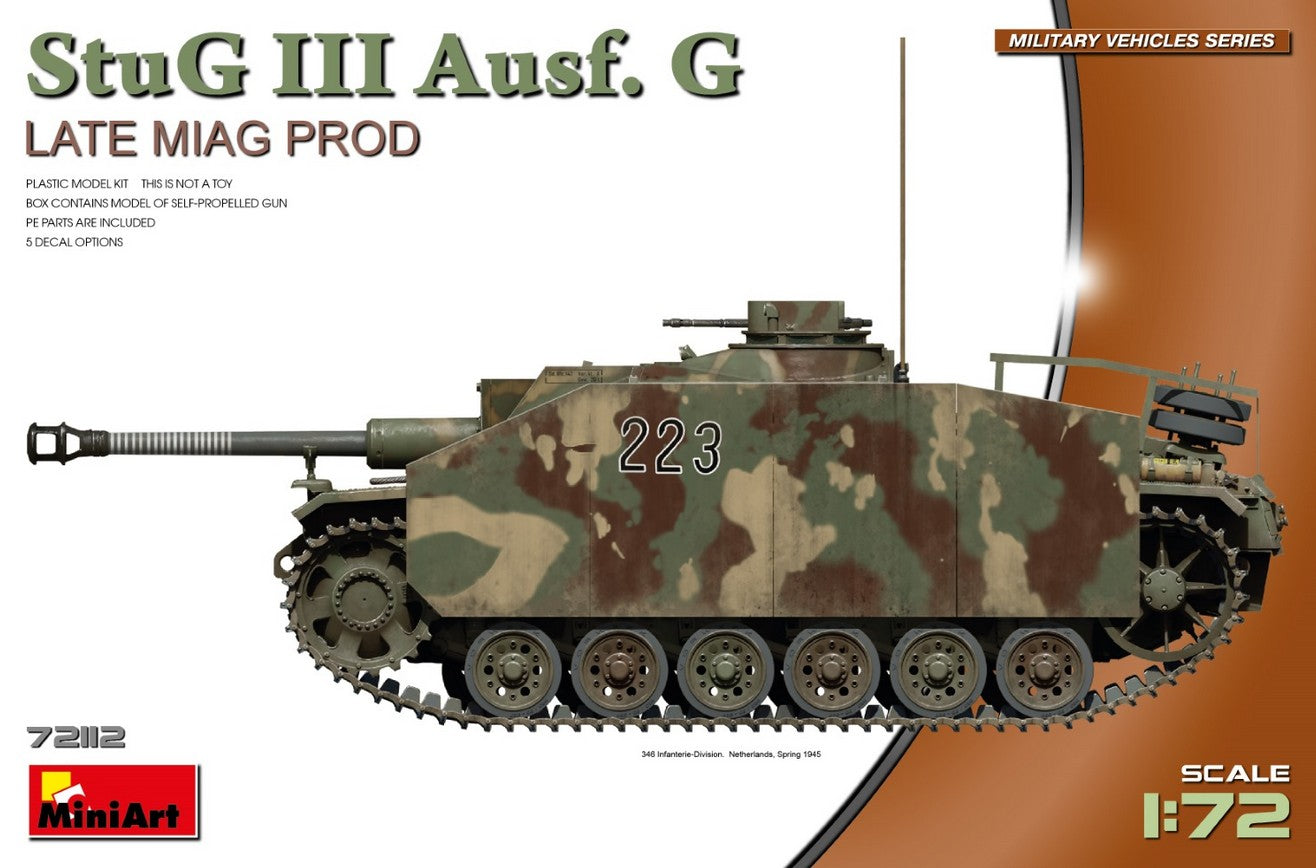 Portada de la caja de la maqueta del Stug III Ausf G de produccion Miag en version final en escala 1:72 de Miniart referencia 72112