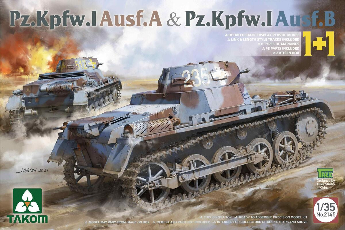 Caja de la maqueta con dos tanques alemanes  Panzer I en versiones A y B en escala 1:35 de Takom referencia 2145