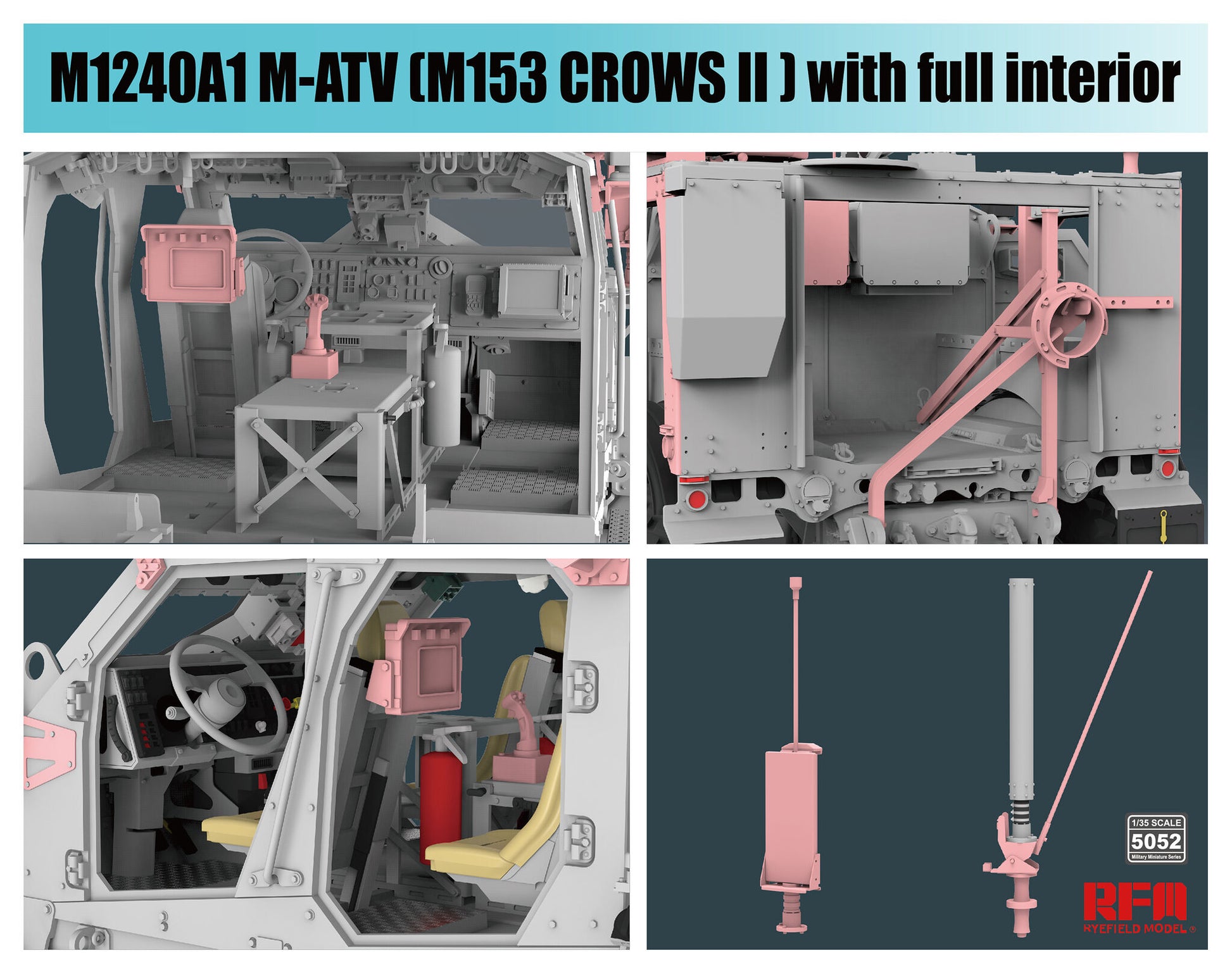 Detalle de los interiores de la maqueta del vehículo M1240 A1 MATV con sistema M153 Crows II en escala 1:35 de RFM referencia 5052