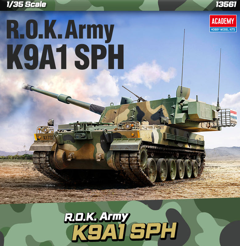 Portada de la caja de la maqueta del cañón autopropulsado coreano K9 Thunder en escala 1:35 de Academy referencia 13561