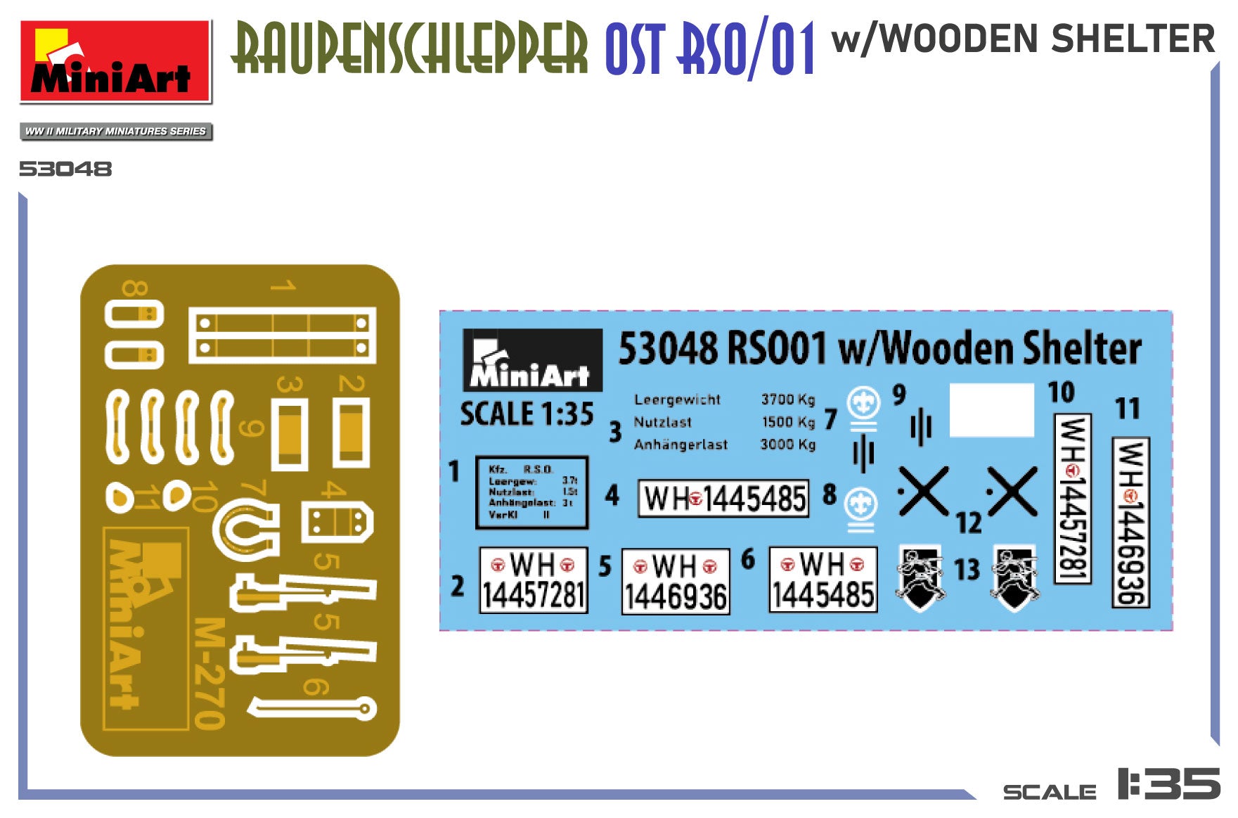 Calcas y fotograbados de la maqueta del Raupenschlepper OST RSO/01 con casamata de madera en escala 1:35 de Miniart referencia 53048