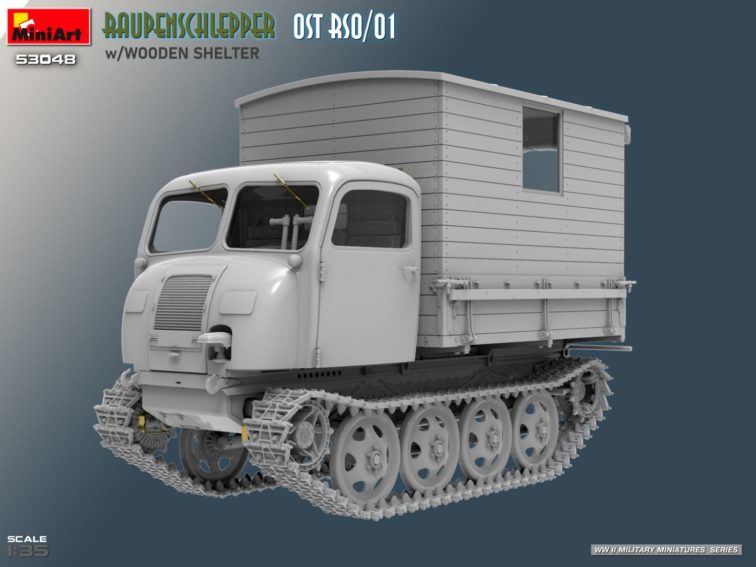 Vista frontal de la maqueta del Raupenschlepper OST RSO/01 con casamata de madera en escala 1:35 de Miniart referencia 53048