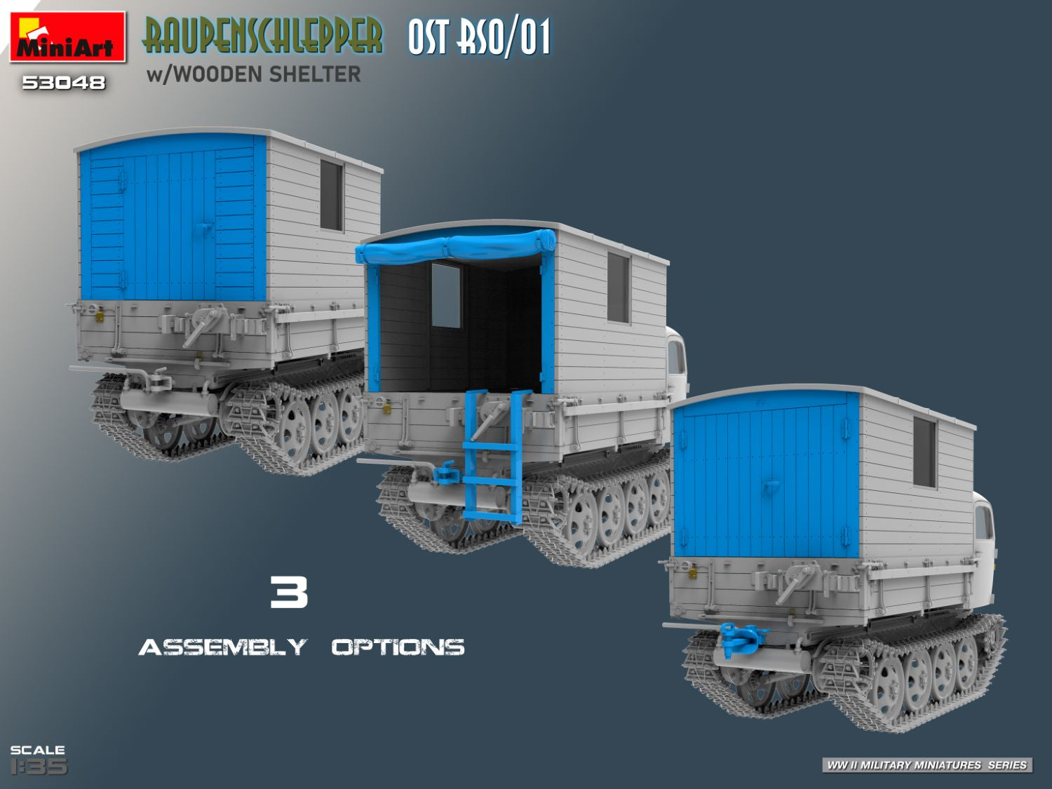 Vista trasera de la maqueta del Raupenschlepper OST RSO/01 con casamata de madera en escala 1:35 de Miniart referencia 53048
