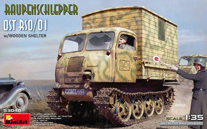 Portada de la caja de la maqueta del Raupenschlepper OST RSO/01 con casamata de madera en escala 1:35 de Miniart referencia 53048