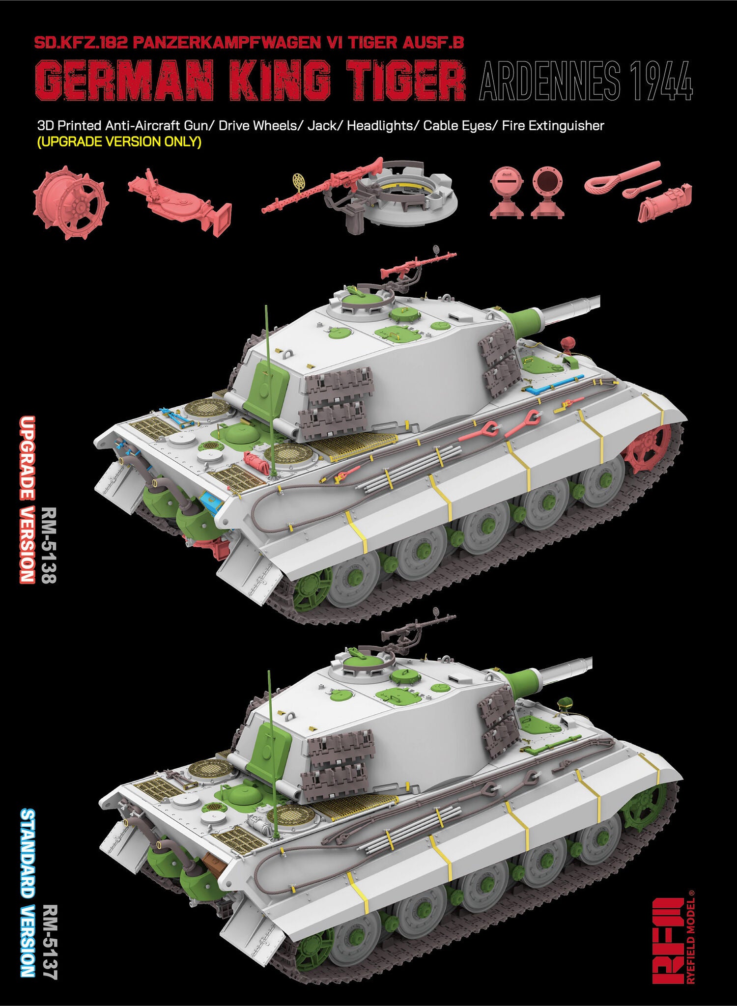 Detalle de complementos de la maqueta del tanque alemán King Tiger Ausf B en la Batalla de las Ardenas (version estándar) en escala 1:35 del fabricante RFM referencia 5137